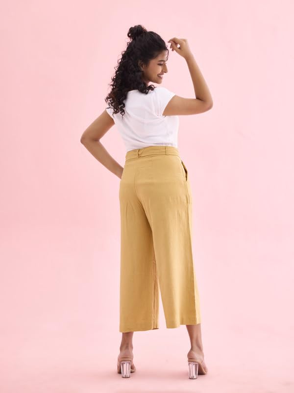 Image of GO COLORS Solid Linen Culottes for Women | High Rise, Side Pockets, Front tie-up