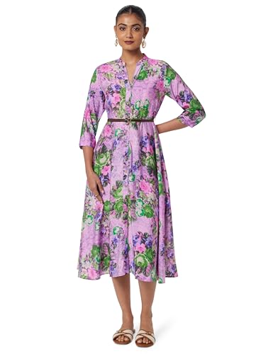 Image of BIBA Women Fit and Flare Below the Knee Rayon Flared Printed Dress