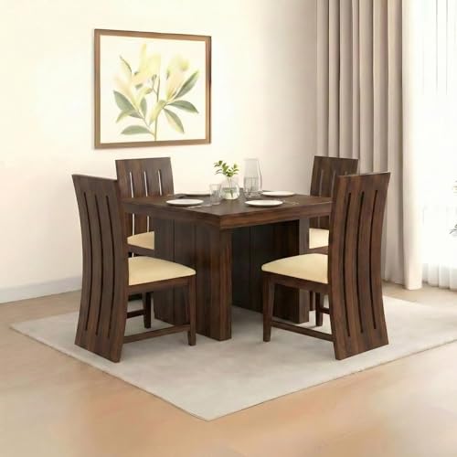 Image of SONA ART & CRAFTS Poster Solid Sheesham Wood Dining Table Set of 4 Seater Dinner Dinning Table with 4 Cushion Chair for Dining Furniture for Living Room Home Hotel Office Self Assembly (Dark Walnut)
