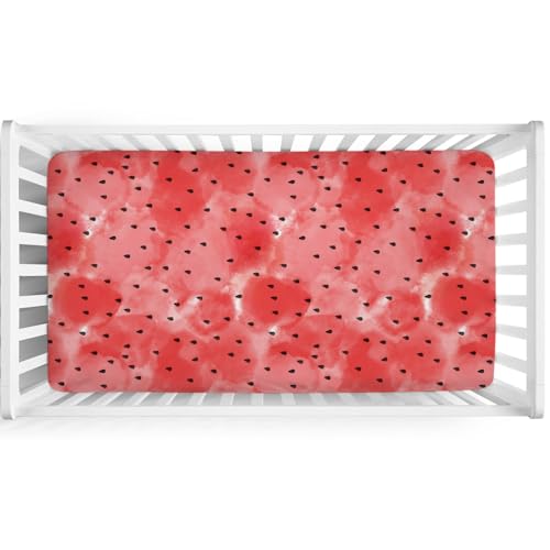 Image of Watercolor Watermelon Baby Crib Sheets 52''x28'' Tropical Fruit Snug Fitted Crib Mattress Covers for Boy Girl Boho Summer Beach Soft Baby Nursery Bed Sheet for Standard Crib and Toddler Mattress