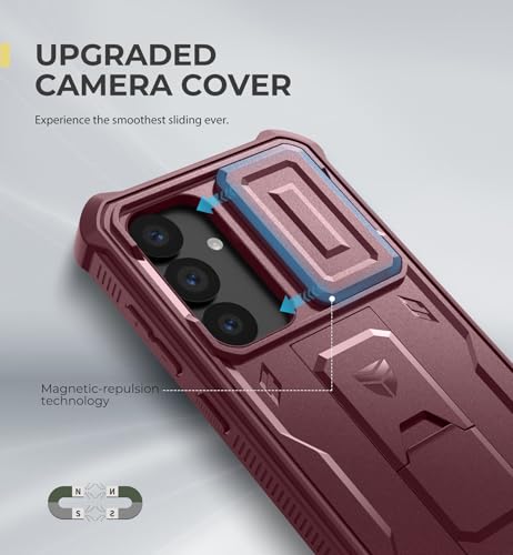 Image of Dexnor for Samsung Galaxy S25 Case with Built-in Slide Camera Cover & Screen Protector & Kickstand,Heavy-Duty Shockproof Rugged Case Full-Body Bumper Protective Cover for Galaxy S25(2025),Maroon Red