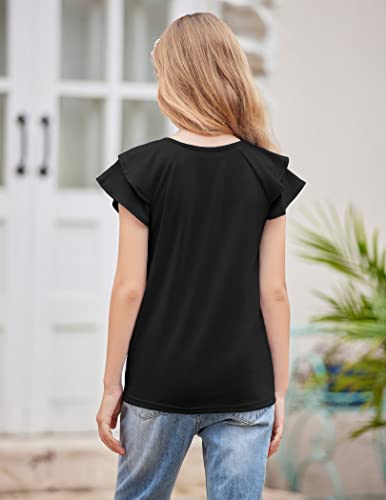 Image of Girls T Shirts Ruffle Short Sleeve Round Neck Loose Blouse Summer Solid Color Casual Girl Tee Tops for 3-12 Years
