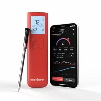 ThermoMaven Smart Bluetooth Wireless Meat Thermometer:Sub-1G Signal Stability, Standalone Display Base, Certified Accuracy of ±0.5°F, Unlimited WiFi Range for BBQ, Oven, Smoker, and Grill (Red)