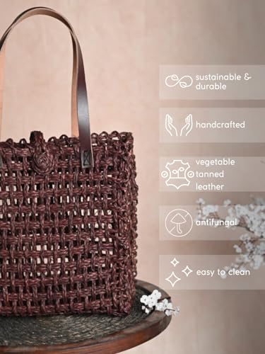 Image of KADAM HAAT Lunch Bag | Handmade Sabai Grass Bag for Lunch and Bottle | Tiffin Box Bag for School or Office and Picnic with Leather Handle (Brown)