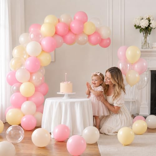 Image of Pink and Yellow Balloons, 12 Inch Pastel Balloon for Bridal Baby Shower | Baby Light Pink Yellow Ivory Clear Transparent Balloons Helium Latex Balloon for Wedding Anniversary Bee Bear Themed Party