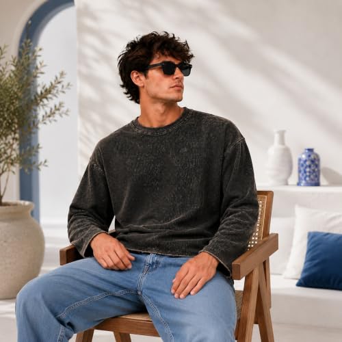 Buy Men's Oversized Washed T-Shirt L Size Black | Unisex Boxy Fit, Cropped Tee, Waffle Knit, Streetwear Fashion Top, Trendy Loose Fit at Amazon.in - Image 3