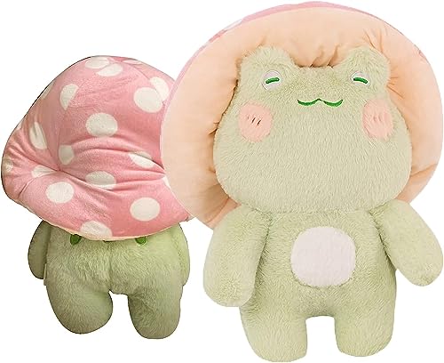 Image of Enivtfz Frog Plush Toys, 10" Cute Frog with Pink Mushroom Hat Stuffed Animals, Kawaii Plushies Gift for Kids Girls Adults Valentines Birthdays Gift (Light Green Body Pink Hat, 10inch)