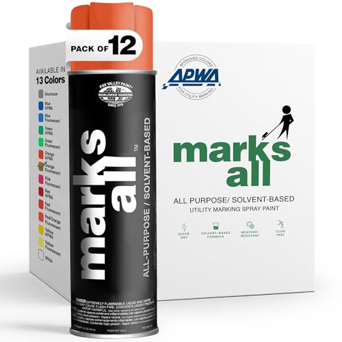 Fox Valley 18oz Marks All Solvent-Based Marking Paint Spray, 12-Pack Orange Fluorescent – Long-Lasting, Weather-Resistant Spray Paint for Wet or Dry Surfaces Like Metal, Grass, Concrete, Wood, & More