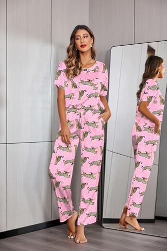 Image of Ekouaer Womens Satin Silky Pajama Set Short Sleeve Shirt with Long Pajama Pant Set Soft PJ Loungewear