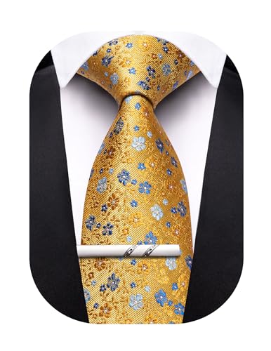 Image of Barry.Wang Floral Ties for Men Flower Necktie with Tie Clip Formal