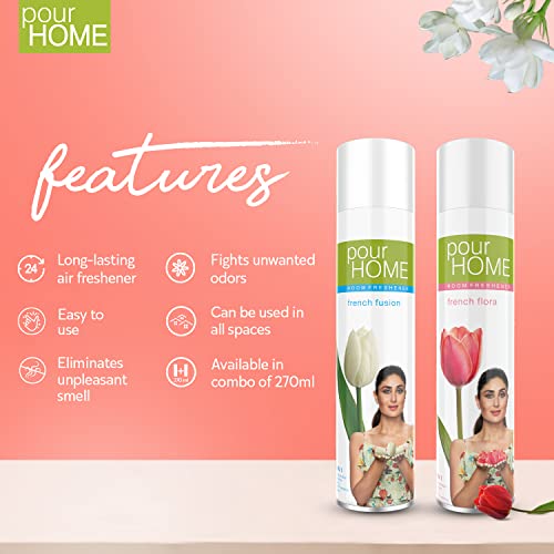 Image of POUR HOME French Flora & French Fusion Room Air Freshener Spray - 220ML Each (Pack of 2)| Long-Lasting Fragrance - Reduces Odours - Suitable for Home & Office