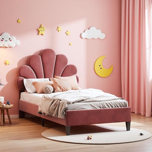 SUNFECILI Cuna, cama de princesas con cabecero LED ajustable y somier, cama tapizada con respaldo, acolchado de piel sintética (90 x 200 cm f)