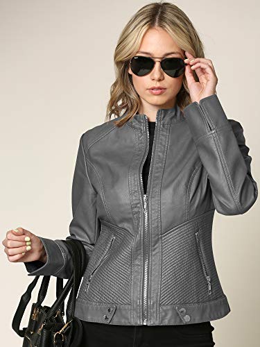 Lock and Love Women's Faux Leather Moto Biker Jacket Coat with Removable or Non-Removable Hood