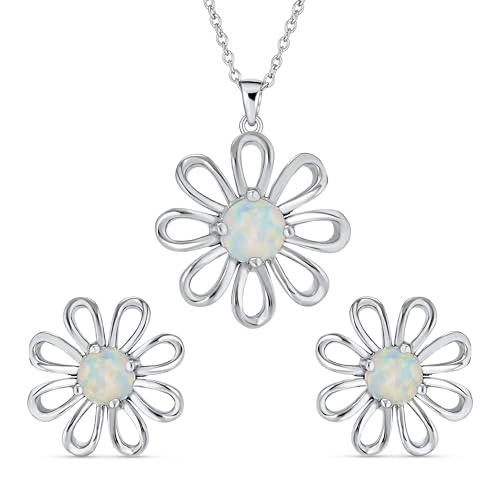 Parure colliers opale blanche et boucles marguerite arc-en-ciel en argent sterling .925 d'exception