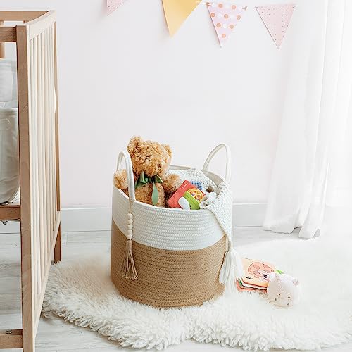 Mkono Woven Storage Basket Decorative Rope Basket Wooden Bead Decoration for Blankets,Toys,Clothes,Shoes,Plant Organizer Bin with Handles Living Room Home Decor - Image 2