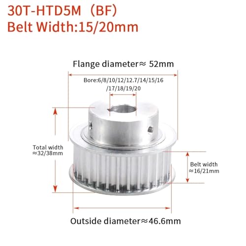 Polea de distribución HTD 5M de 30 dientes con diámetro interior ajustable para correa síncrona 4