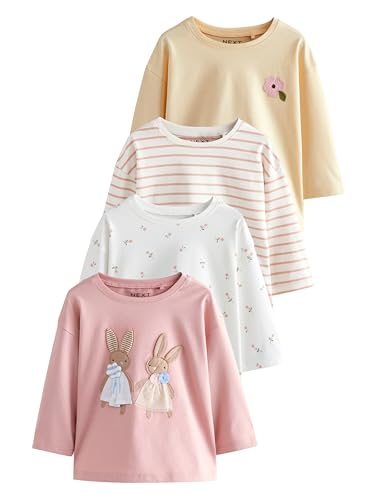 NEXT Pack de 4 Camisetas de Manga Larga con Conejito Bordado Rosa/Blanco 3 Años