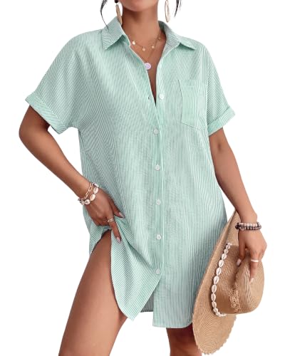 Image of Bsubseach Women Swimsuit Coverup Shirt Dress Button Down Bathing Suit Cover Up Beach Vacation Outfits