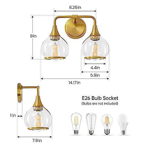 Image of Gold Bathroom Light Fixtures 2-Lights Vanity Lights with Clear Glass Shade Bathroom Vanity Light 14 Inch Wall Sconces(Exclude E26 Bulb)