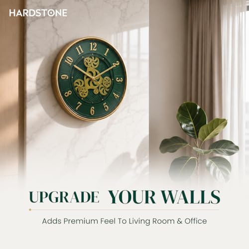 Image of HARDSTONE Premium Luxury Wall Clock Silent Non-Ticking Mechanism Elegant Green & Gold Design Modern Decorative Timepiece for Living Room, Bedroom & Office Decor 16 Inch