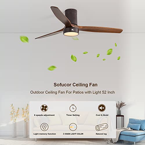 Sofucor Low Profile Ceiling Fan With Lights Flush Mount Ceiling Fan With Remote Control 52'' Wood Ceiling Fan 3 Reversible Dark Wood Blades Noiseless Dc Motor #TOP6
