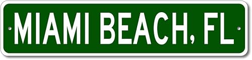 Miami Beach, Florida - Letrero de calle de la ciudad y el estado de Estados Unidos, letrero de metal personalizado, letrero de destino de cueva de