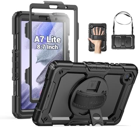SEYMAC Case for Samsung Galaxy Tab A7 Lite 8.7" (SM-T220/ T225/ T227), Heavy Duty Full-Body Shockproof Protective Case with Screen Protector, Rotating Stand, Hand/Shoulder Strap, Black