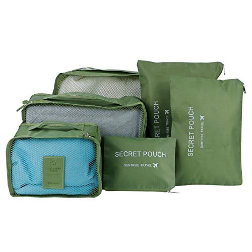 AUNMAS 6 pièces/Ensemble Sacs de Rangement de Voyage en Tissu en Nylon, Sac de Rangement Sac de tri de vêtements Bagages Valise Organisateur d'emballage pour Voyager(Vert) Cover