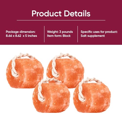 Image of Himalayan Mineral Salt Block on Rope Pack of 4 (3lbs each) - 100% Organic Pink Salt Lick for Horses and Livestock. Deer Attractant with No Harmful Elements.