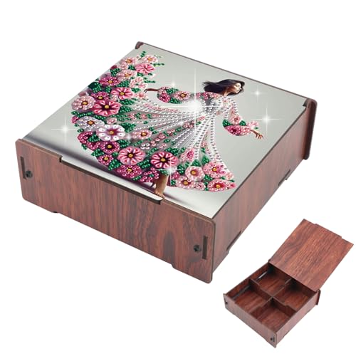 Image of DIY Diamond Art Storage Box, Flower Lady Design Wooden Diamond Painting Case with Flip-Top Lid and 4 Divided Compartments, Desktop Craft, Jewelry and Accessories Supplies Storage Container