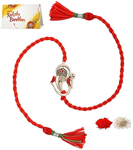 Meenakari Men's Cotton 92.5 Sterling Silver Om Ganesha Rakhi Bracelet for Brother (Red)
