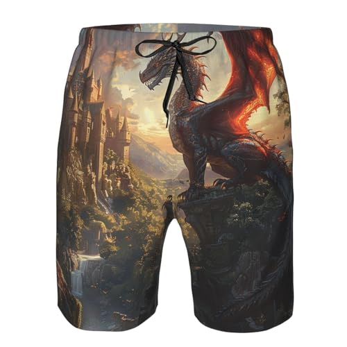 Men's Quick Dry Swim Shorts Dragon and Fantasy World Castle Landscape Ancient Beach Trunks with Pockets3