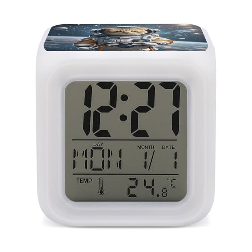 Reloj despertador digital de gato astronauta con luces LED 2
