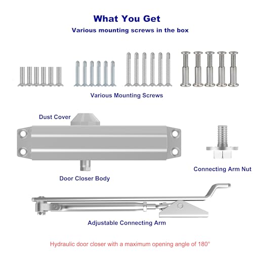 BOZXYE Door Closer, Residential Grade 3 Hydraulic Silent Automatic Door Closer for Home and Commercial, Easy Installation with Manual and Screws - Aluminum (Door Weight 55~99 lb) - Thumbnail 7