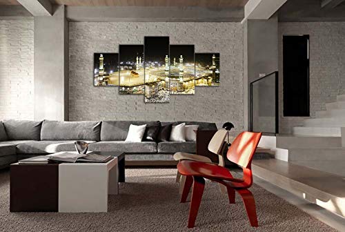 Yellow Black Islamic Islam Wall Art Muslim Canvas Painting Printed Mecca Pictures 5 Pieces Posters Home Decor Artwork Panel Arabic Supply Framed For Bedroom Living Room Church (50"Wx24"H, Artwork-02) #TOP2