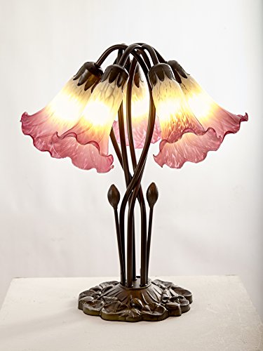 Image of Dales Lighting 5 Light Pond Lily Table Lamp Complete with White/Pink Glass