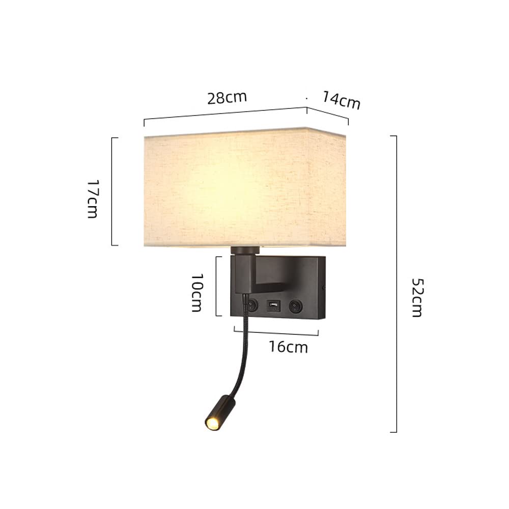 Jadssox Stoff-Wandlampe Schlafzimmer Wand-Leselicht mit Schalter Moderne festverdrahtete Wandleuchte aus schwarzem Metall, USB-Aufladung Flexible Schwanenhals-Wandleuchte am Bett