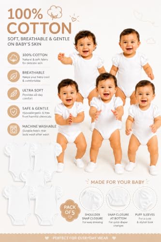Image of TuddyBuddy 100% Cotton Plain White Short Sleeves Rompers /Bodysuits for Baby Girl (Pack of 5, Solid White Frill Sleeves, 0-3 Months)