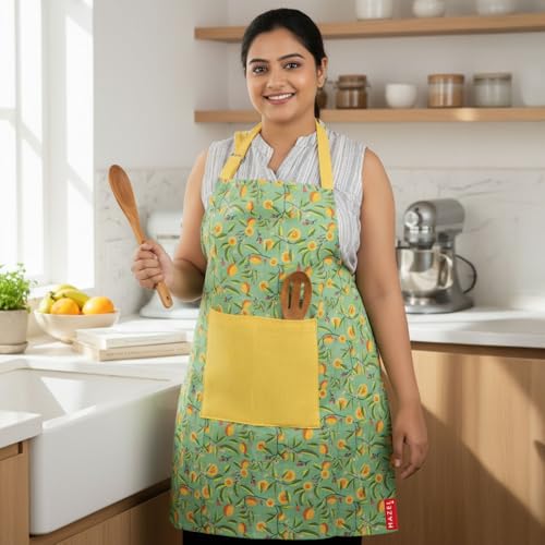 Image of HAZEL Cotton Kitchen Apron with Front Pocket | Adjustable Neck Strap & Tie Back | Reusable Cooking, Baking & Cleaning Apron for Men & Women (Yellow & Green)