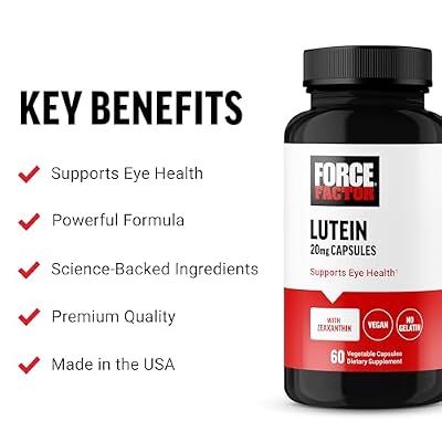 Force Factor Lutein and Zeaxanthin Supplements, Eye Vitamins with Lutein 20mg, Eye Health Supplements for Adults, Ingredients Backed by Science, Vegan, Gelatin Free, 60 Vegetable Capsules