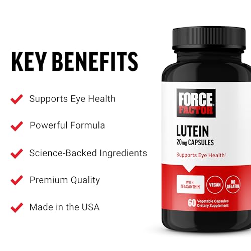 Image of Force Factor Lutein and Zeaxanthin Supplements, Eye Vitamins with Lutein 20mg, Eye Health Supplements for Adults, Ingredients Backed by Science, Vegan, Gelatin Free, 60 Vegetable Capsules