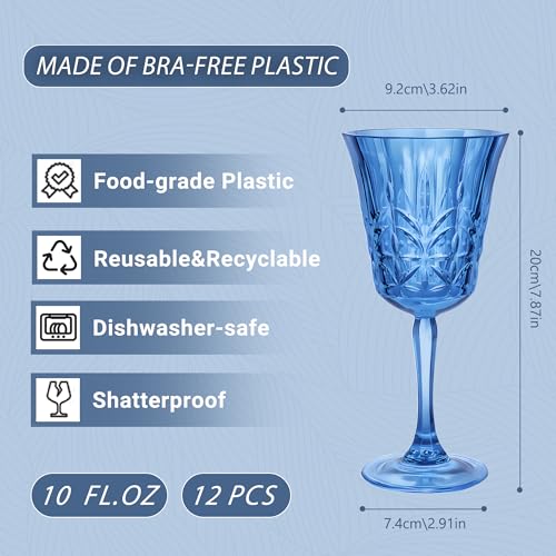 LEYIQU Plastic Wine Glasses 10oz Vintage Goblets Unbreakable Reusable BPA-Free Stemmed Drinking Glasses for Easter Parties, Weddings & Events Leaf-Patterned (Set of 12, Blue)