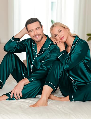 LecGee Couples Matching Pajamas Set Button Down Sleepwear Long Sleeve Loungewear Silky Satin 2 Piece Pjs4