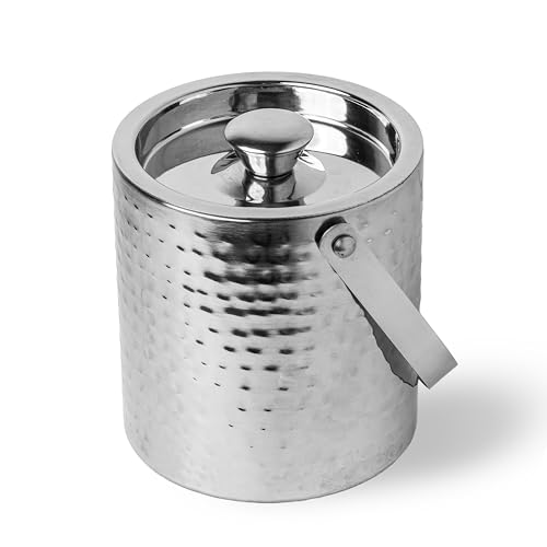 Image of Sipologie Stainless Steel Double Wall Ice Bucket with Tong [1500 ml] - Full Hammered Finish, Insulated with Lid & Handle for Home Bar & Parties