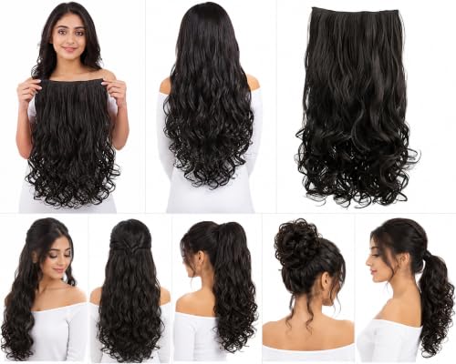 Image of Chaam Women Hair Extension Long Curly Wavy Black Brown 16 Inch Hairpiece With 5 BB Clip /Hair Extension for Women Party /Halloween /Christmas (110 Gram)