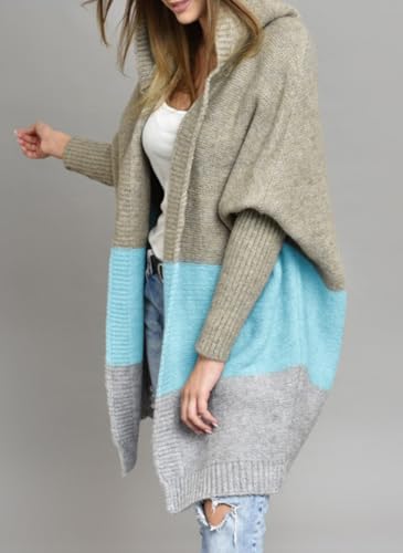 Image of Women's Oversized Hooded Cardigan Color Block Open Front Sweater Chunky Knit Long Coatigan Coat