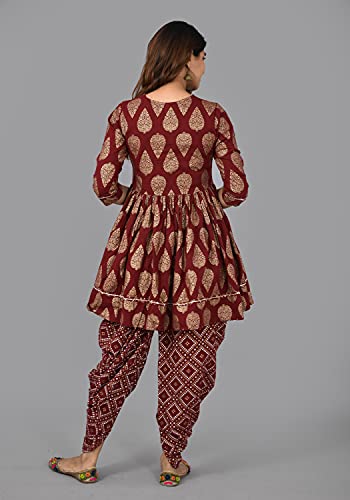 Image of H&N Women's Cotton Blend Casual Printed A-Line Kediya Kurti Top With Dhoti Set