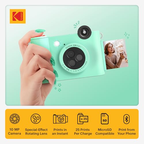Image of Kodak Smile+ 2-in-1 Digital Instant Print Camera & Wireless Bluetooth Photo Printer - 10MP, Special-Effect Rotating Lens, Zink 2x3 inch Sticky-Back Photos, Print (Renewed)