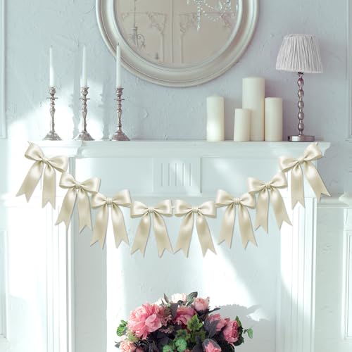 Image of 1 String of 8PCS Ivory White Bow Garland Banner Decoration,Pre-Strung Satin Ribbon Ornaments for Birthday,Bachelorette Party,Bridal Shower,Wedding,Engagement,Baby Shower,Graduation Decor,Anniversary