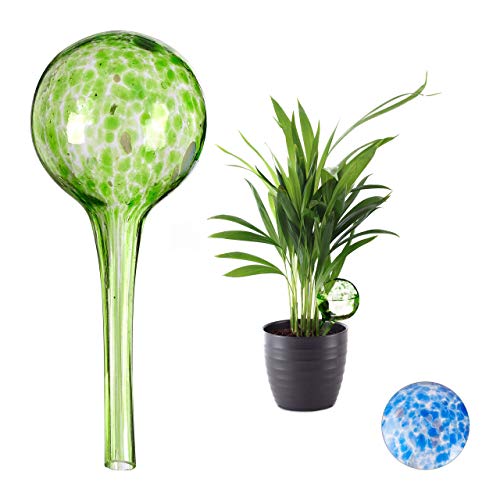 Relaxdays Globes Set of 2, Regulated Irrigation for Plants and Flowers, Office & Holiday Watering Aid, Glass, Green